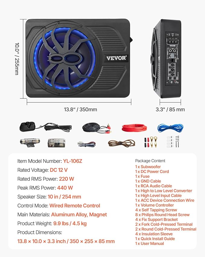 VEVOR 10" 440W Underseat Car Subwoofer, Slim Powered Car Subwoofers with Blue Ambient Light, Low Profile Audio Sub Under The Seat with Built-in Amplifier, Remote Controller for SUVs, Car, Truck, RV