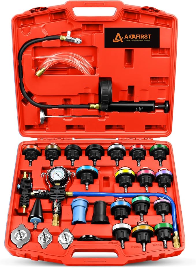 Automotive Radiator Pressure Tester & Coolant Vacuum Refill Tool Kit, Cooling System Manual Leak Test & Pneumatic Coolant Fill Filling Filler Set on Car Truck Airlift Engines, 28PCS Red
