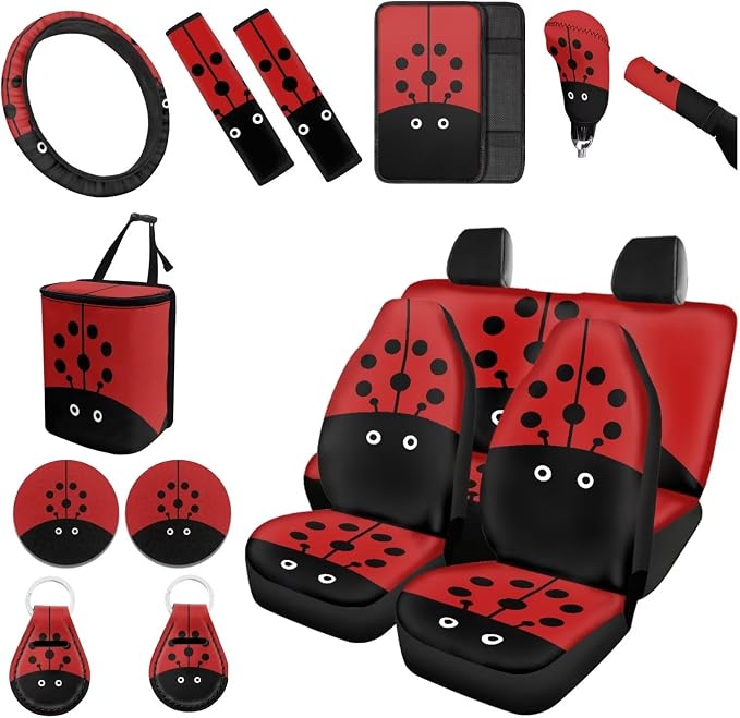 Forchrinse Cartoon Ladybug Car Seat Covers Full Set,15Pack Ladybug Auto Accessories Set-Front Back Seat Cover Steering Wheel Cover Seatbelt Pads Handbrake Gearshift Cover Garbage Can