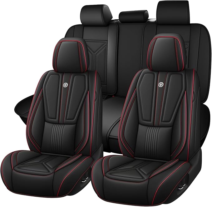 Arazi Fit for 90% of Mercedes-Benz Seat Covers, 360° Full Wrap Original Seat Cover, Waterproof Nappa Leather Seat Covers with Big Space Storage Pocket Seat Protector（5 Seats Standard, Black&Red Line）