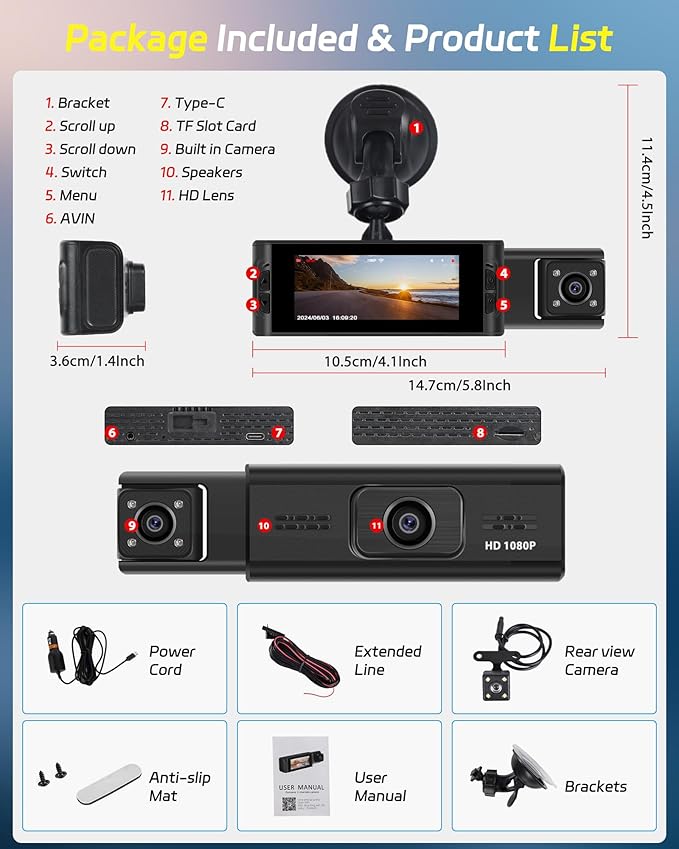 3 Channel Mirror Dash Cam 1080P Front and Rear Inside with 64GB Card 3.16'' IPS Screen Dash Camera Support G-Sensor Motion Detection Loop Recording Parking Assistance Exposure Compensation