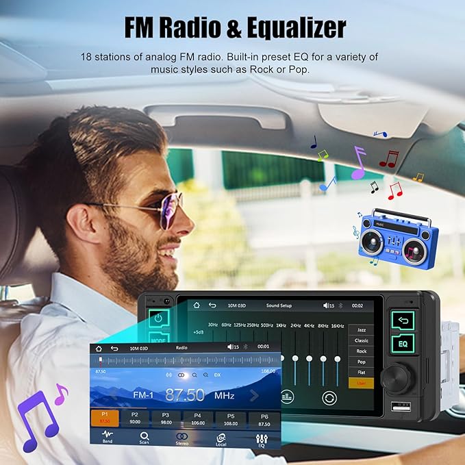Single Din Car Stereo with Wireless Apple Carplay Android Auto, 5.1" InCell Touchscreen Car Radio with Bluetooth 5.2 Handsfree Mirror Link 1 Din Head Unit with FM/Type-C/USB/EQ/Microphone