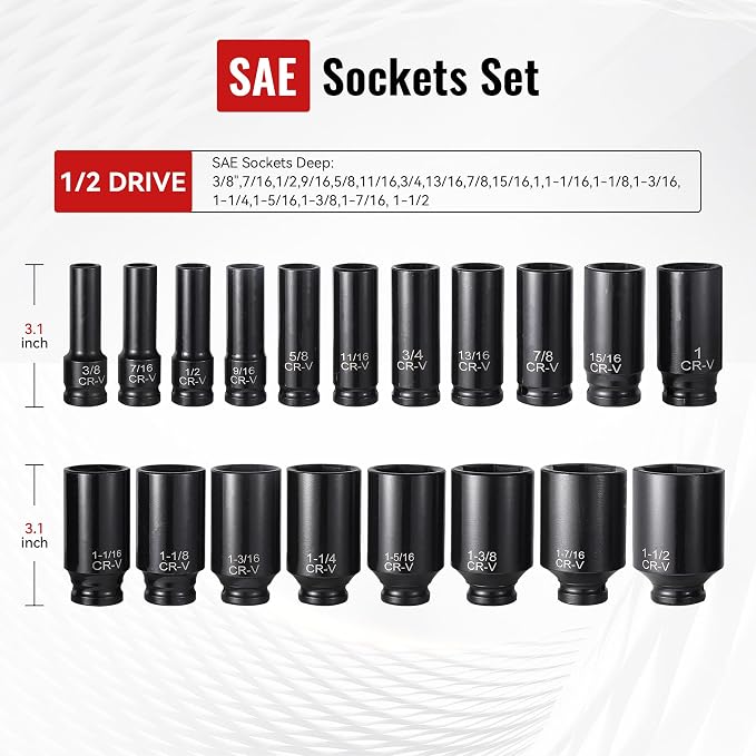 Reniteco 25-Piece 1/2" Drive Socket Set, SAE (3/8"- 1-1/2"), Deep Sockets, Extension Bars, 1/2" F to 3/8" M Reducer,3/8" F to 1/2" M Reducer, Universal Joint, 6 Point Design, Cr-V
