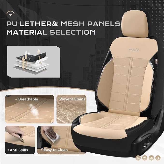 Coverado Front Seat Leather Covers, Full Leather Construction with Carbon Fibre Weave, Universal Fit for Most Cars SUV Trucks (Beige)
