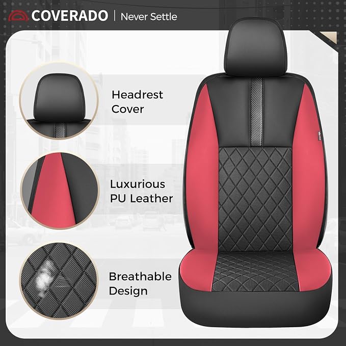 Coverado Car Seat Covers Front Pair, Automotive Leather Seat Covers for Car，Universal Fit Front Back Seat Cover, Non-Slip Waterproof Breathable Car Seat Protector