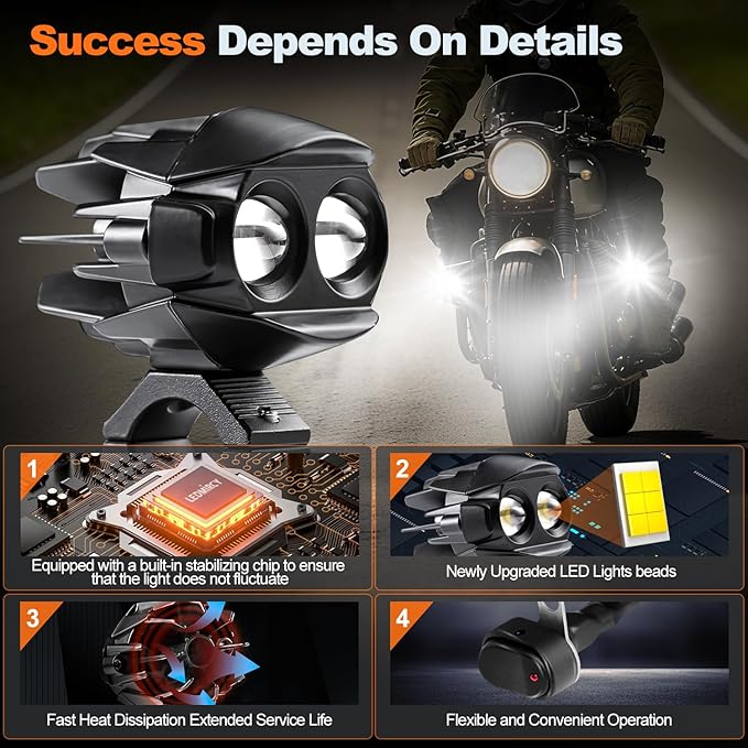 Motorcycle Driving Lights Kit,LEDMIRCY LED Luces Exploradoras Para Moto with Switch Wiring Harness Auxiliary Spot Light 6Modes White/Amber Strobe Offroad Fog Light with Memory Function IP68 Waterproof