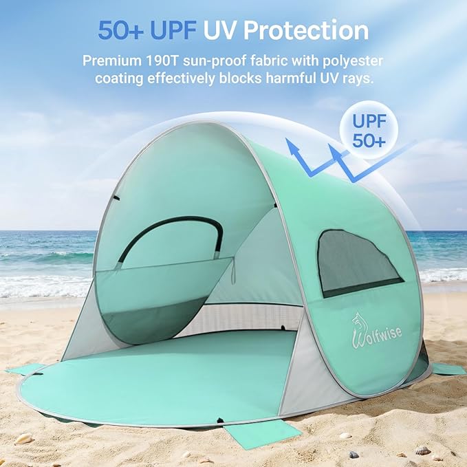 Wolfwise Pop up Beach Tent Sun Shelter with UPF50+ UV Protection, Instant Easy Setup Popup Beach Shade Canopy for 3 Person, Portable & Foldable with Carring Bag, 87 ×57×47 in, Mint Green