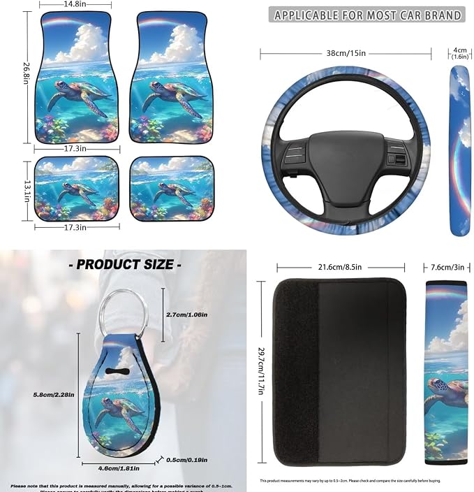 Summer Turtle Design Car Interior Accessories Set of 18, Car Seat Covers Full Set with Floor Mats Steering Wheel Cover Shoulder Pads Armrest Pad Cover Roof Gloves Cup Coaster Keychain