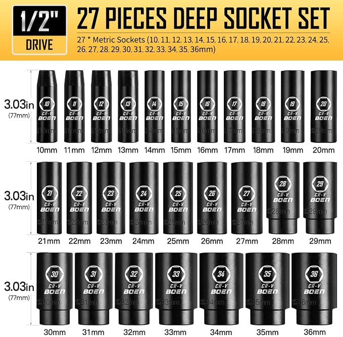 boen 10mm-36mm 1/2” Drive Metric Socket Set, Impact Deep Socket, 6-Point Axle Nut Socket with Portable Case, Rugged Construction, CR-V Steel, 27PCS