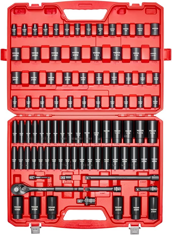 VEVOR 91-Piece 1/2" Drive Impact Socket Set, SAE (5/16" to 1-1/4") & Metric (8 to 32 mm), CR-V, Deep & Shallow, 6 Point, Ratchet Handle, Universal Joint, Adapters, Extension Bars (3, 5, 10 in)