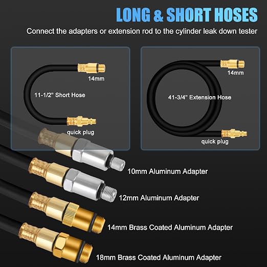 JIFETOR Cylinder Leak Down Tester Kit, Automotive Engine Compression Dual Gauge Leakdown Test Set with 10 12 14 18mm Spark Plugs Universal for Small Engine Motorcycle ATV, Blue Case