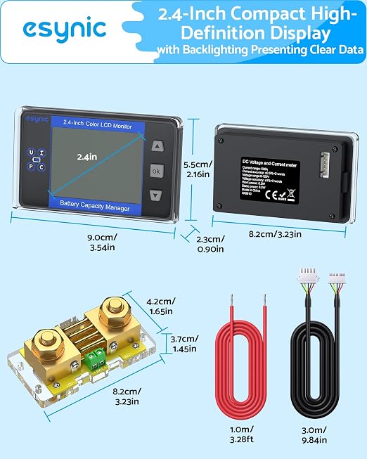 eSynic Professional Battery Monitor with Shunt-Range 10V-120V and up to 500A-2.4" Size Color Backlight LCD Display for Lead Acid/LiFePO4/Lithium-Low Voltage Alarm-Only One Battery Bank-RV/Boat etc