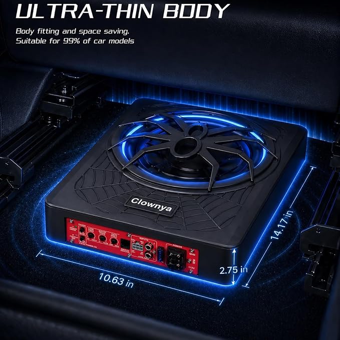 10" 1200W Car Subwooferr - Underseat Subwoofer with Built - in Amplifier, Aluminum Enclosure, High/Low Level Inputs, Blue LED Light and Wired Remote for Truck, SUV, car, Jeep and MPV