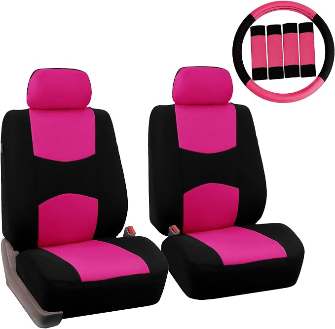 FH Group Car Seat Covers Flat Cloth Front Seats Only Pink Automotive Seat Cover, Airbag Compatible Universal Fit Interior Accessories Cars Trucks SUV Combo Steering Wheel Cover & Seat Belt Pads