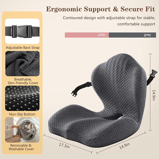 Ergonomic Memory Foam Seat Cushion with Back Support, L-Shaped Office Chair Cushion with Coccyx Cutout, Tailbone Support Cushion for Long Sitting, Car Seat Cushion for Driving, Home & Gaming Chair