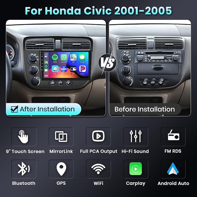 Built-in DSP Car Stereo Radio for Honda Civic 2001 2002 2003 2004 2005 with Wireless CarPlay Android Auto Mirror Link Podofo 9 inch IPS Touch Screen Bluetooth GPS 5G WiFi Backup Camera Mic