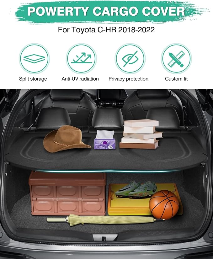 Powerty Cargo Cover for Toyota C-HR 2018-2022 Accessories Trunk Security Shield Shade CHR Trunk Cover Black (Can Withstand The Load)