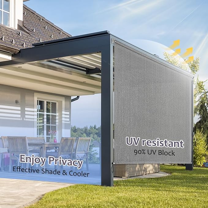 KELIXU Patio Shades Roll Up Outdoor Blind, 6' W x 6' H Cordless Sun Shade Privacy Screen with 90% UV Protection Exterior Roller Shade Cloth for Porch Pergola Backyard Windows Balcony, Gray