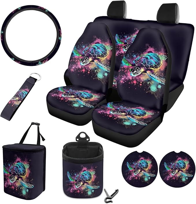 Turtle Paint Splatter Pattern 10 Pcs Car Seat Covers Full Sets Anti-Slip Steering Wheel Cover and Car Trash Bin with Car Air Vent Storage Cup Holders Lanyard Keychain for Automobile Interior