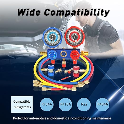 PB Motor Tech 3 Way AC Manifold Gauge Set for R134A, R410A, R22, R404A Refrigerants, with Quick Couplers, 410 Adapter, Puncturing Can Tap, Valve Core Tool. Perfect for Air Conditioning Maintenance
