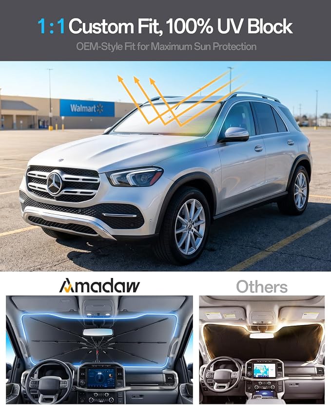 Windshield Sun Shade for Mercedes Benz GLE300/300/350/450/550 2000–2026, Foldable Umbrella Sunshade with 100% UV Block, Multi-Layer Heat Insulation, Reinforced 10-Rib Frame, Keeps Car Cooler