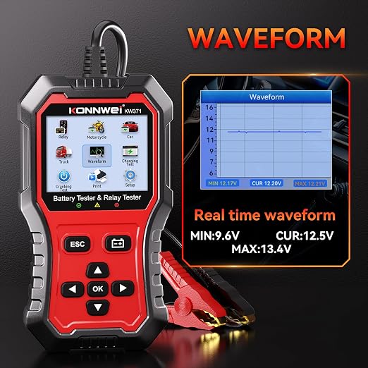KONNWEI KW371 Battery Tester & Relay Tester | Tests 6V/12V/24V car batteries (AGM/GEL/EFB/Lithium) & 4/5-pin automotive relays. Checks CCA, charging & starting system.