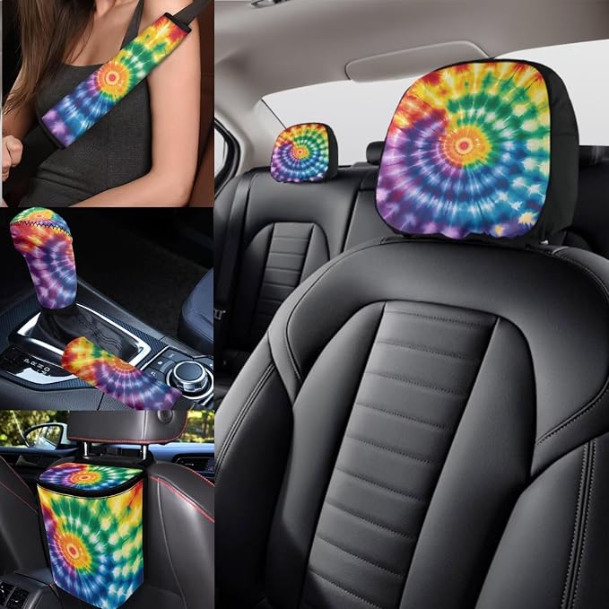 Tie Dye Car Seat Covers Full Set of 17 Pcs,Rainbow Tie Dye Car Accessories Sets with Rear View Mirror Cover,Auto Headrest Covers,Armrest Pad,Car Trash Can with Lid for Women Man