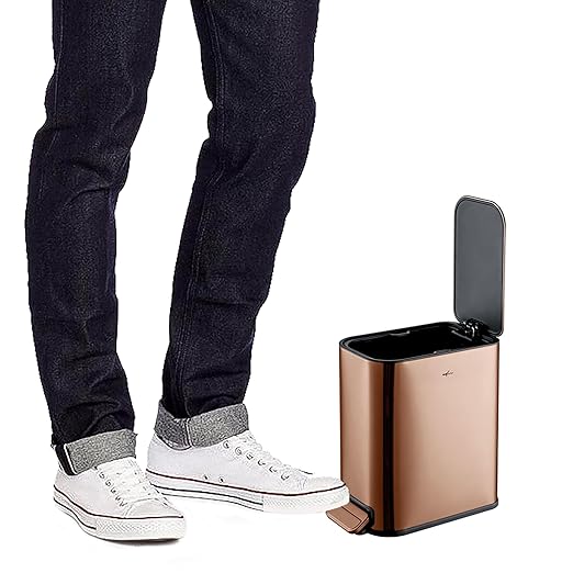 RED FACTOR Slim Small 1.3 Gallon Stainless Steel Pedal Trash Can with Soft Close Lid for Narrow Spaces – Wastebasket Bin with Removable Inner Bucket for Bathroom, Kitchen, Bedroom, or Office (Copper)