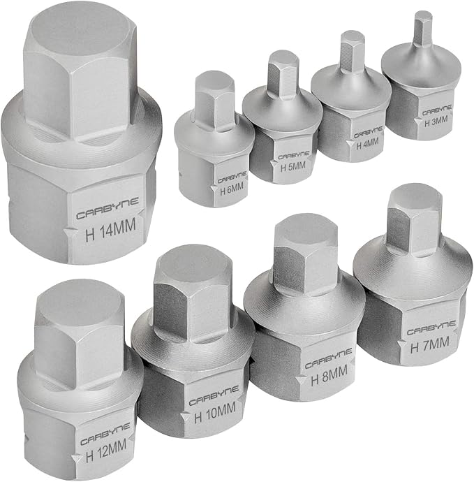 CARBYNE 9-Piece Metric Stubby Low Profile Hex (Allen) Bit Socket Set, 3mm to 14mm, S2 Steel, Super Short Allen Sockets, Dual Drive Internal Square and External Hex for Tight Confined Spaces