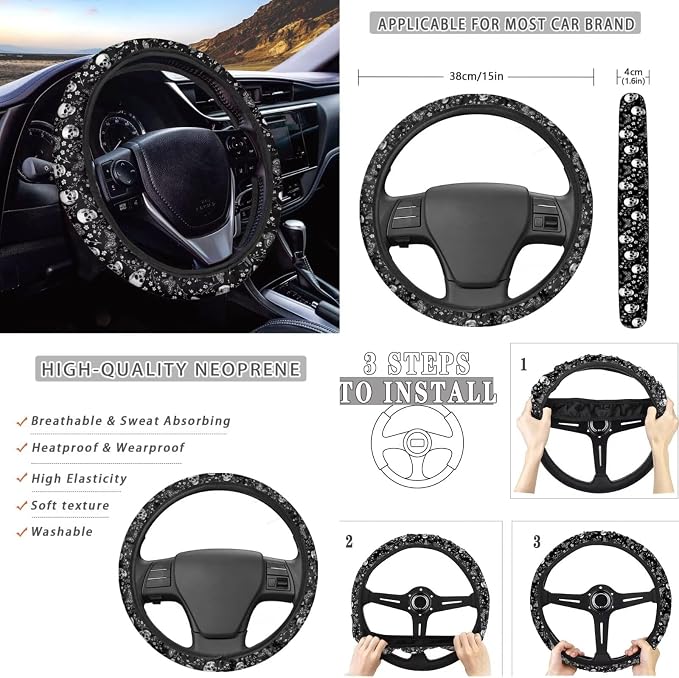 Howilath Black Butterfly Skull Car Front Seat Cover Auto Accessories with Center Console Cover+Steering Wheel Cover+Seatbelt Pads+Keychain+Coasters Set of 10 Fit Most Vehicle
