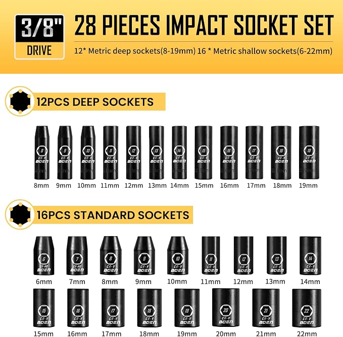 BOEN 67 Piece Socket & Adapter Set, Including 59 Pieces Metric & SAE 3/8" Drive Impact Socket Set, 8 Pieces 1/4" 3/8" 1/2" 3/4" Drive Socket Adapter Set with Durable Case