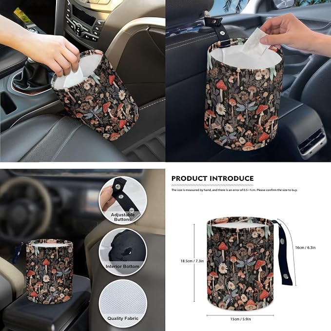 Mushroom Dragonfly 15Pcs Car Seat Cover Full Set Car Steering Wheel Cover Seat Belt Cover Trash Bin Front Rear View Mirror Car Cup Holder Keychain