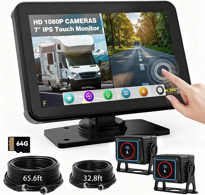 RV Backup Camera System - Dual 1080P HD Cameras with 7 inch Touchscreen Display, Wired Kit for Trucks, Trailers, and RVs, Includes 64GB Memory Card