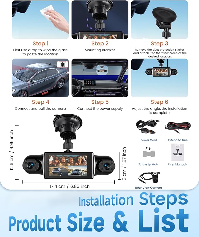 360° 4 Channel Dash Cam 2K Front 1080P Rear/Left/Right, 5G WiFi App Control, 3" IPS Screen, 8 IR Night Vision, G-Sensor Loop Recording, Reverse Assistance for All Vehicles