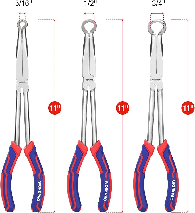 WORKPRO 3 PCS 11" Hose Gripper Plier Set, Long Reach Hose Gripping Pliers, 5/16-Inch, 1/2-Inch, 3/4-Inch Dia, Spark Plug Boot Removal Pliers, Serrated Jaws for Hard to Reach Narrow Spaces