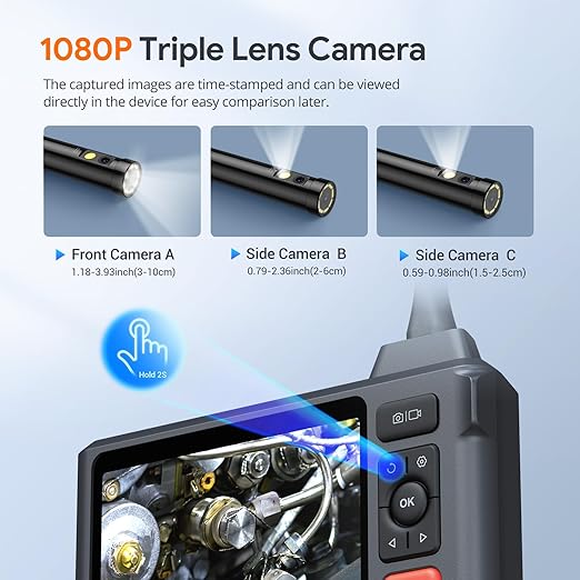 Triple Lens Endoscope Camera with Light with 50FT Semi-Rigid Cable, DEPSTECH 5" IPS Screen Sewer Inspection Camera, 1080P Industrial Borescope, Split Screen, Waterproof Drain Pipe Tool, Carrying Case