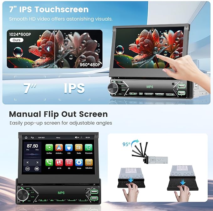 [Stable AM Radio] Hikity 7'' Single Din Car Stereo Carplay Android Auto, 7in Flip Out Touch Screen Car Radio Bluetooth Car Audio Receiver, SWC/Mirror Link, FM/EQ, Dual USB/Type-C, Free Backup Cam+Mic