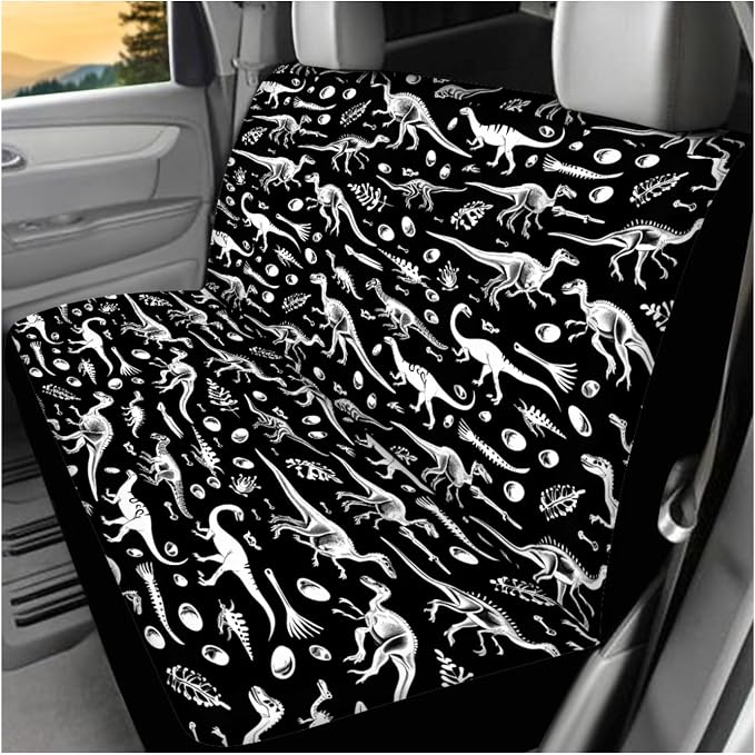 Ystardream Dinosaur Print Car Seat Covers Full Set – Front and Rear Bench Back Seat Cover Set with Steering Wheel Cover/Seat Belt Cover/Cup Coasters/Keyrings Cute Cartoon Car Accessories