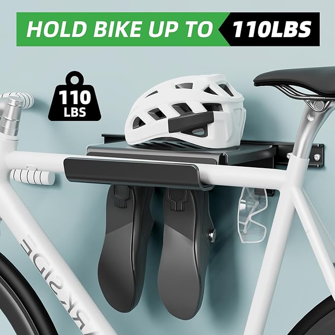 Bike Wall Mount Rack Indoor Bike Storage Garage Bike Rack Wall Mount with Shelf and Hooks Store Your Helmet and Shoes for a Single Road, Mountain or Other Bicycle (Fit Crank Bicycle,16" Stud)