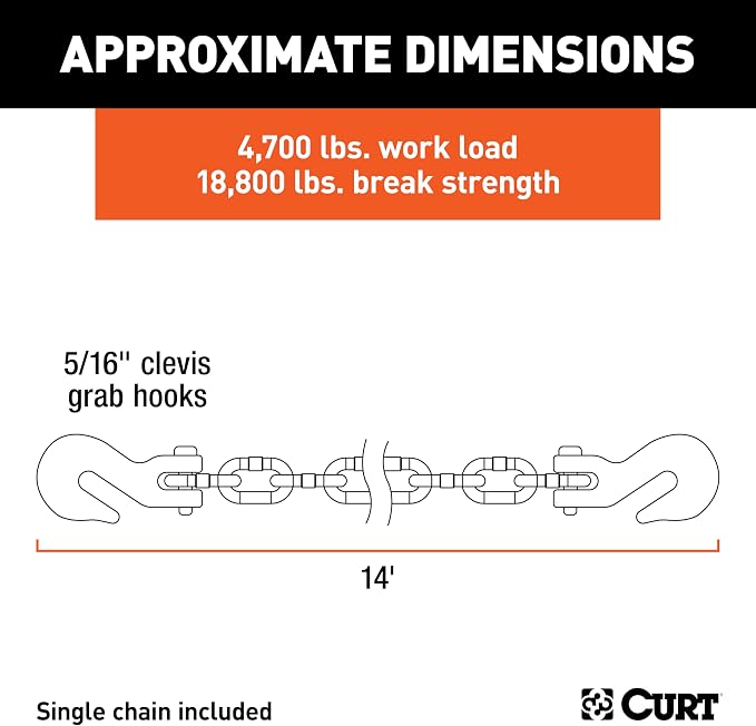 CURT 80305 14-Foot Trailer Safety Transport Tie-Down Load Binder Chain, 5/16-Inch Clevis Hooks, 18,800 lbs. Break Strength