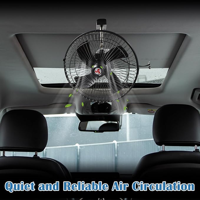 Tujoe 2 Pcs Portable Car Fan with Car Cigarette Lighter Electric Cooling 12 Volt Oscillating Fan 12 Volt Fan Automobile Vehicle 360 Degree Swivel Fan with Clip for Car Truck Supplies, Black (10 Inch)