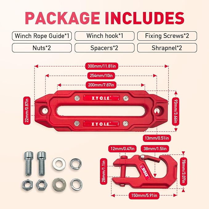 Winch Fairlead with Tow Hook, Red, 10 in. (254 mm) | Synthetic Rope Fairlead, Forged Winch Hook, 10000 lb. - 20000 lb Towing, For SUV Truck Trailer Jeep, Electric Winches