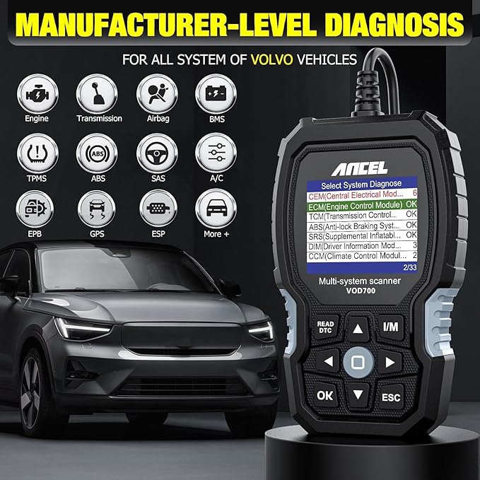 ANCEL VOD700 All System OBD2 Scanner Fits for Volvo Car Code Reader Full Function Diagnostic Scan Tool ABS Bleeding Injector Oil ETC SRL BMS EPB TPMS Reset Tool