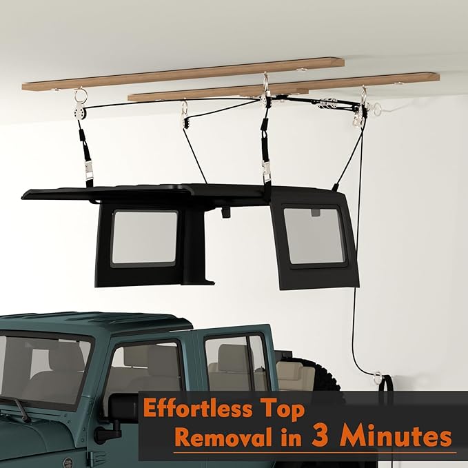 ALLCOS Hard Top Removal Lift for Jeep Wrangler JL JK Models and Ford Bronco, 12ft Hardtop Overhead Garage Storage Hoist with Anti-Drop System, Supports 8-16 ft. Ceiling