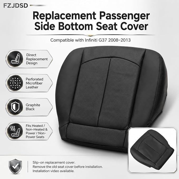 FZJDSD 2PCS Graphite Black Driver & Passenger Side Bottom Perforated Microfiber Leather Replacement Seat Covers Compatible with Infiniti G37 Sedan Coupe 2008-2013 Heated Seat Compatible