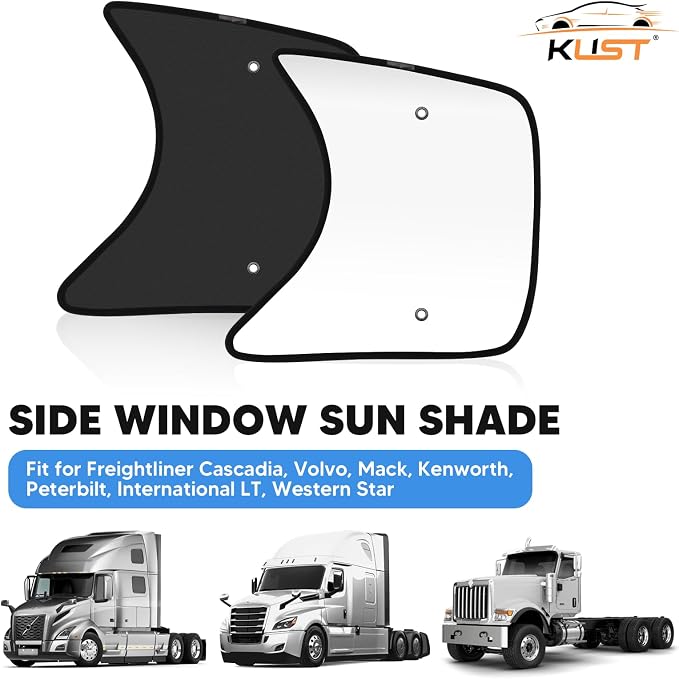 KUST 2PCS 23''*21.6'' Side Window Shades for Semi Truck/Heavy Duty Truck - Freightliner Cascadia, Volvo, Mack, Kenworth, Peterbilt, International LT, Western Star - Silver & Black Window Shades