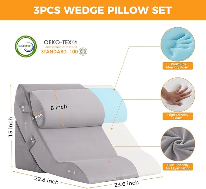 Ruqmuis 3PCS Wedge Pillow Set for After Surgery, Adjustable Back Pillow for Bed Sitting up, Acid Reflux, Bed Wedge Pillow Headboard for Sleeping&Snoring, Orthopedic Pillow for Post Surgery, Plush Grey
