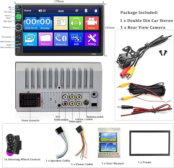 Car Stereo Double Din Bluetooth Car Radio 7 Inch MP5 Player HD Touch Screen FM Radio Audio Receiver AUX in USB TF Card Input UNITOPSCI Multimedia Player Mirror Link with Backup Camera