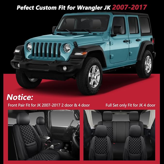 Wrangler Seat Covers 2007-2017 Front Pair, Waterproof Leather Interior Sets with Lumbar Support Custom Fit for Jeep Wrangler JK 2/4 Door Unlimited Sahara/Sport/Rubicon X 392 Willys, Black