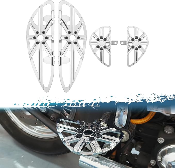 Motorcycle Floorboards Set Driver Front Footboards and Rear Passenger Foot Pegs Kit CNC Hollow Style Compatible with Harley Touring Road Glide Electra Glide Street Glide Trike Models(Chrome)